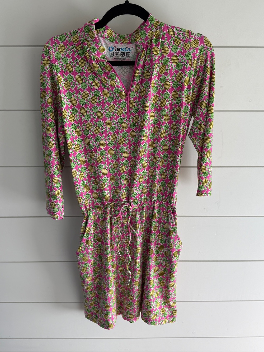 IBKUL Pink & Green Pineapple-Print Long-Sleeve Dress, Size M